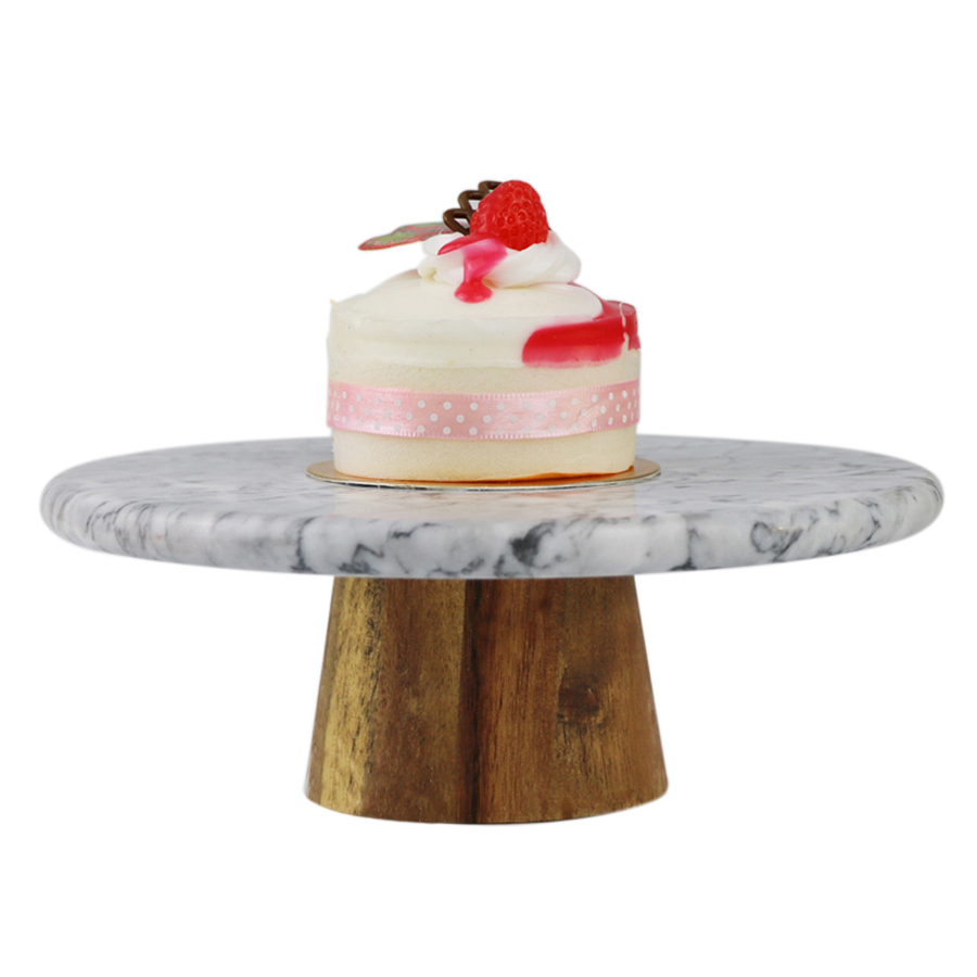 Marble cake stand fruit tray with acacia wood base