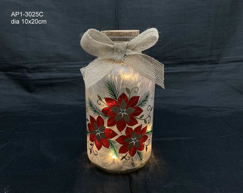 Poinsettia glass jar with LED light