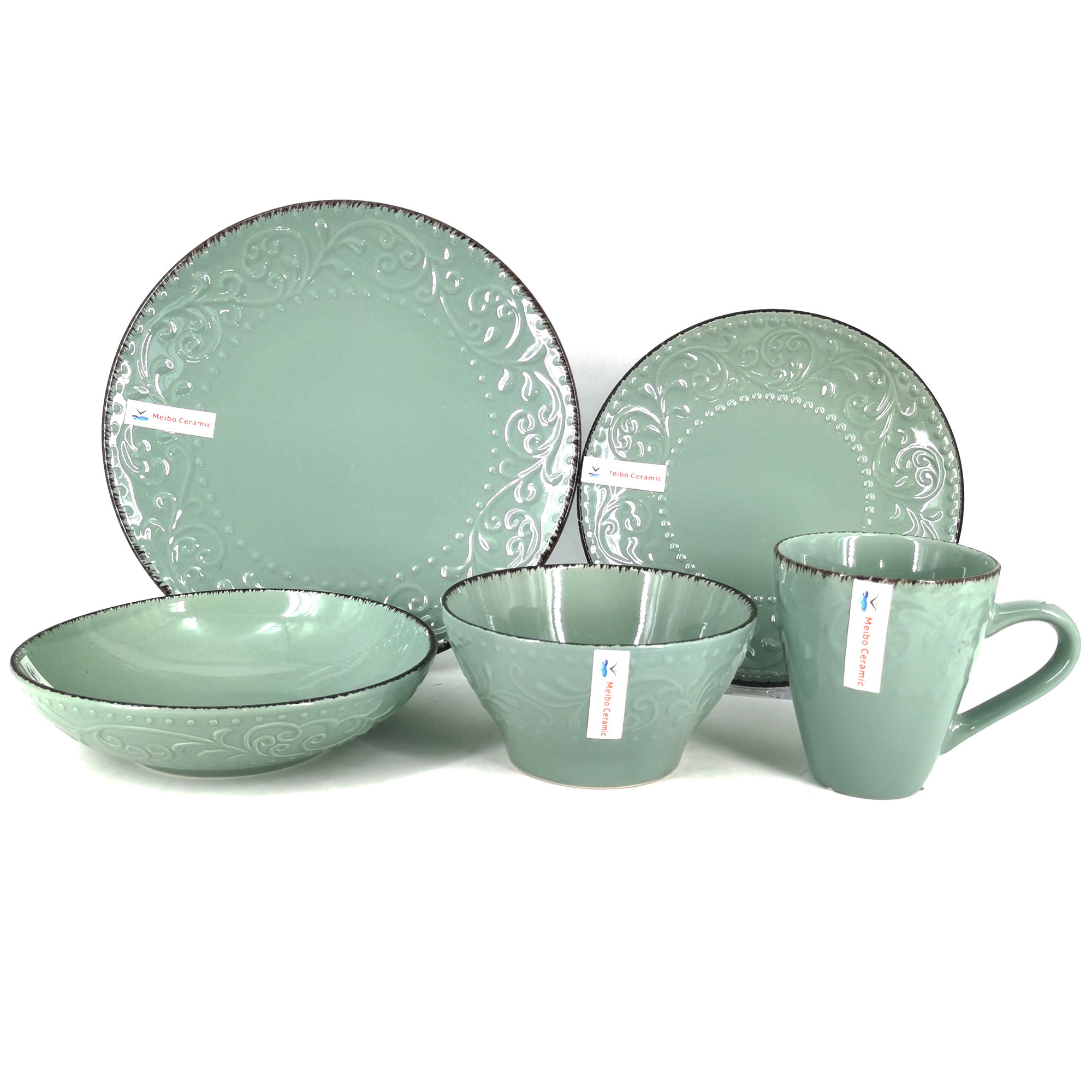 Stoneware solid color glazed embossed 16pc dinner set