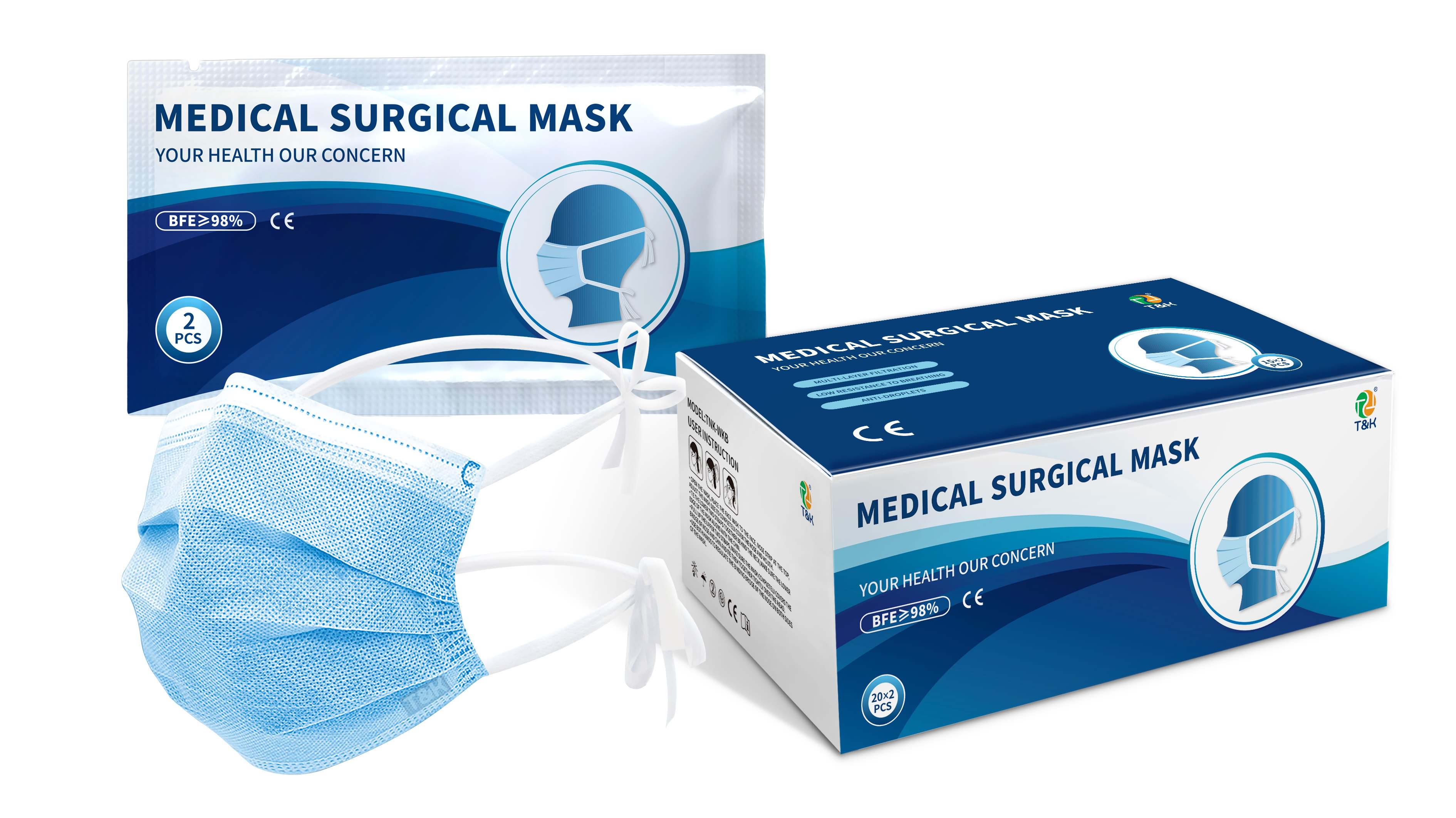 3 Ply Disposable Medical Surgical Mask (EN14683 Type IIR, Tie-on)