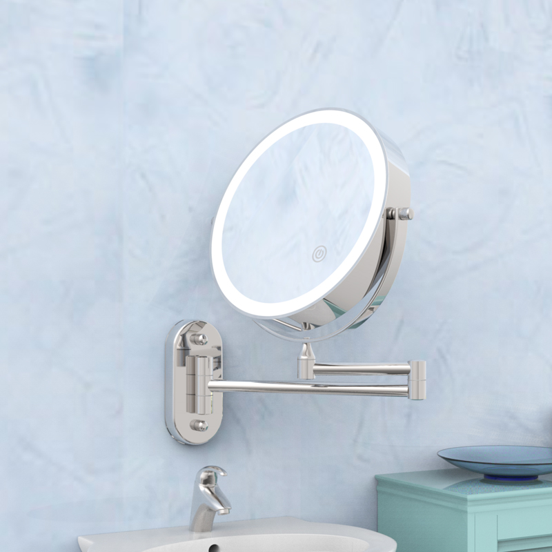 RM307 Arm extend Bath Mirror with 5X magnifying touch sensor switch makeup mirror Shaving mirror with rechargeable battery