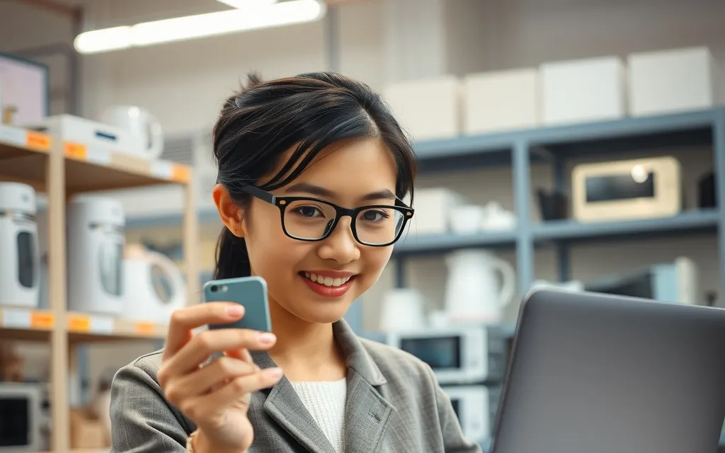 A sourcing agent in a Guangzhou showroom on a video call with a buyer, shelves of product samples behind her
