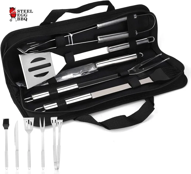 SEB 5PCS Stainless Steel BBQ Grill Tool Set with Smooth Round Handles, Barbecue Utensils with Oxford Cloth Storage Bag