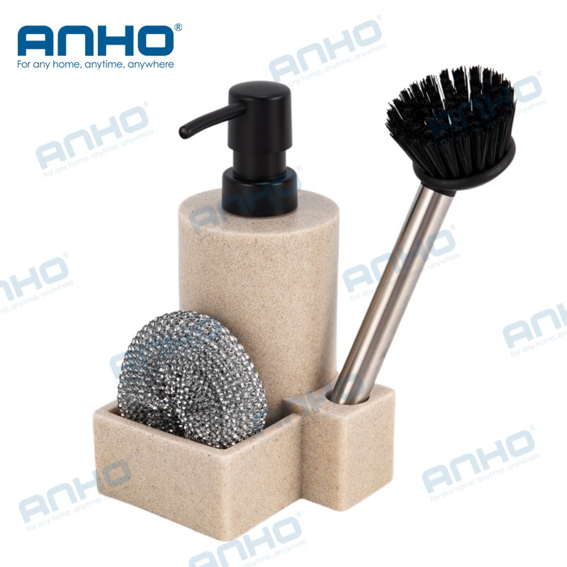 Polyresin kitchen press detergent soap dispenser with sponge holderand brush holder