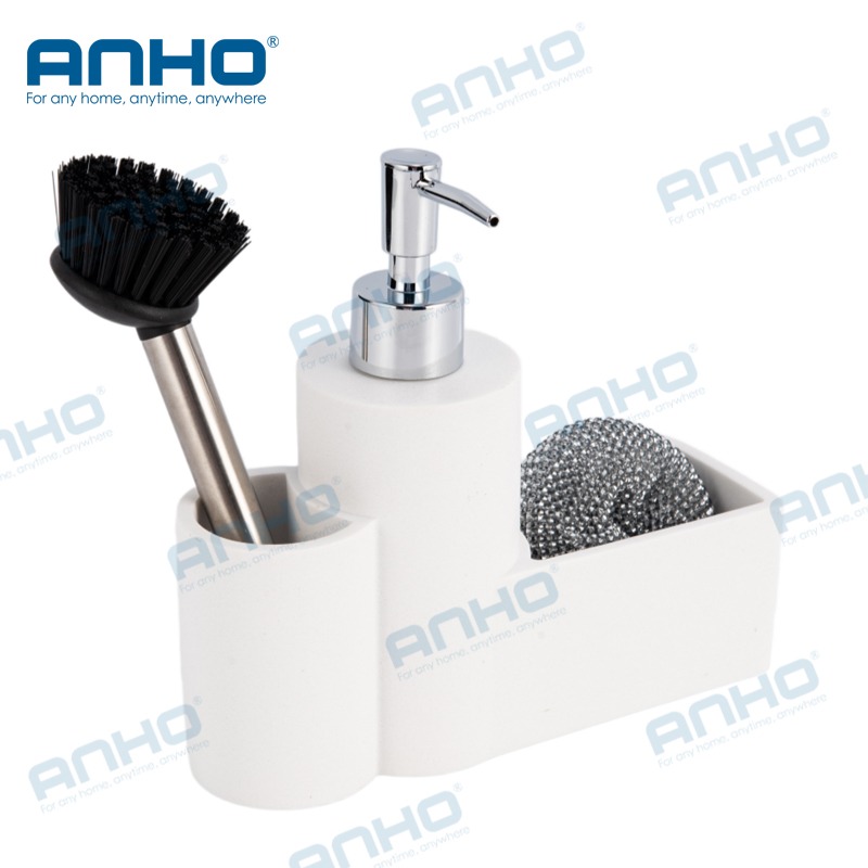 Polyresin kitchen press detergent soap dispenser with sponge holderand brush holder