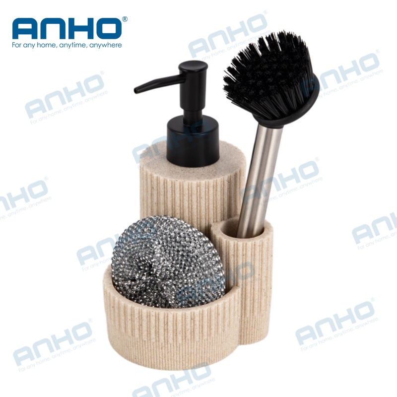 Polyresin kitchen press detergent soap dispenser with sponge holderand brush holder