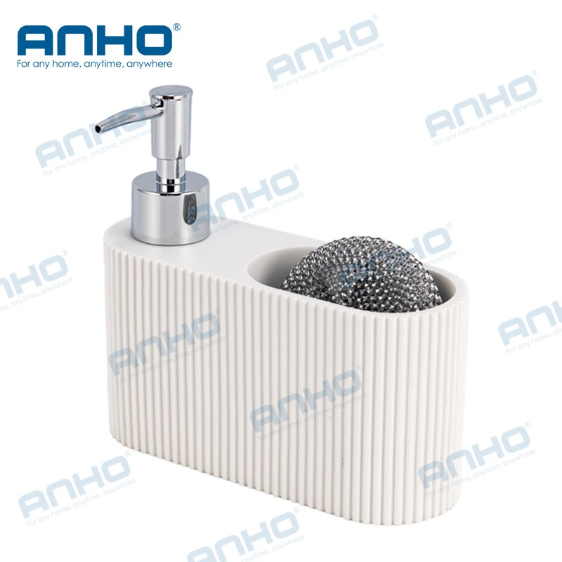 Polyresin kitchen press detergent soap dispenser with sponge holderand brush holder