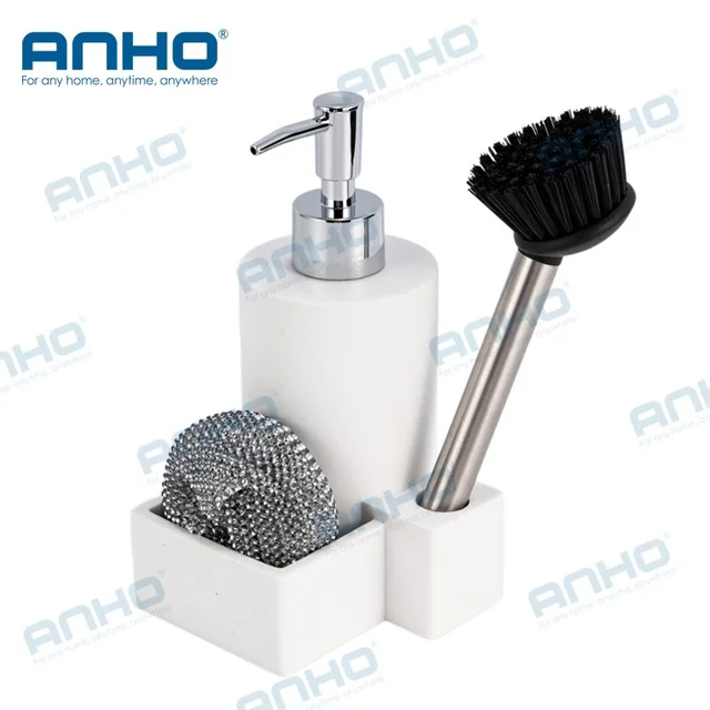 Polyresin kitchen press detergent soap dispenser with sponge holderand brush holder