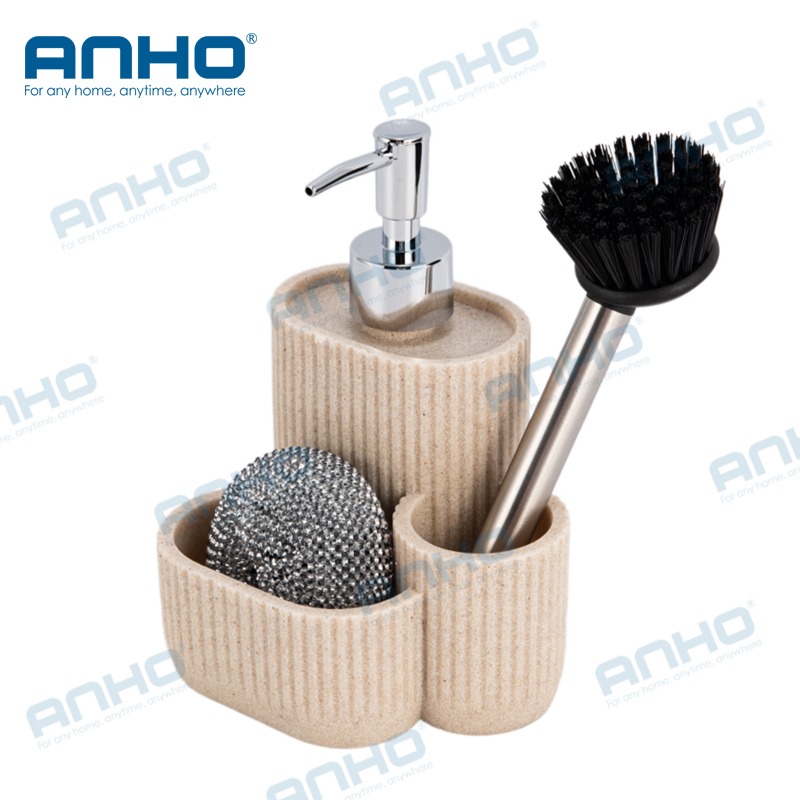 Polyresin kitchen press detergent soap dispenser with sponge holderand brush holder