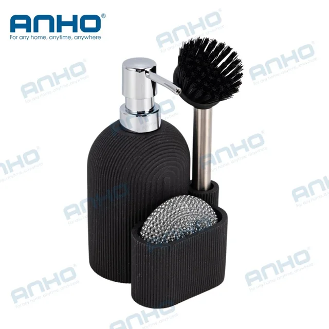 Polyresin kitchen press detergent soap dispenser with sponge holderand brush holder