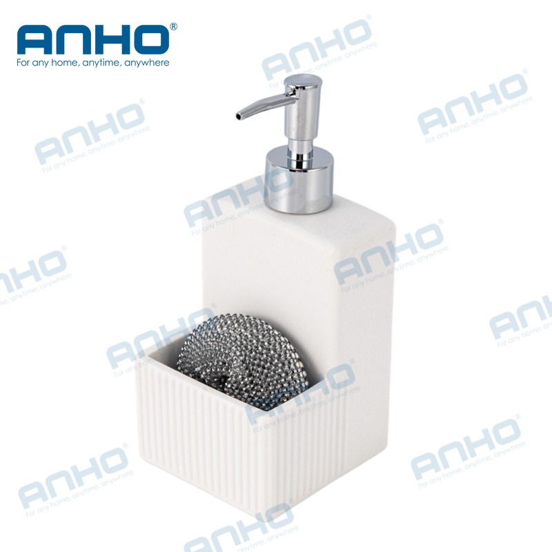 Polyresin kitchen press detergent soap dispenser with sponge holderand brush holder