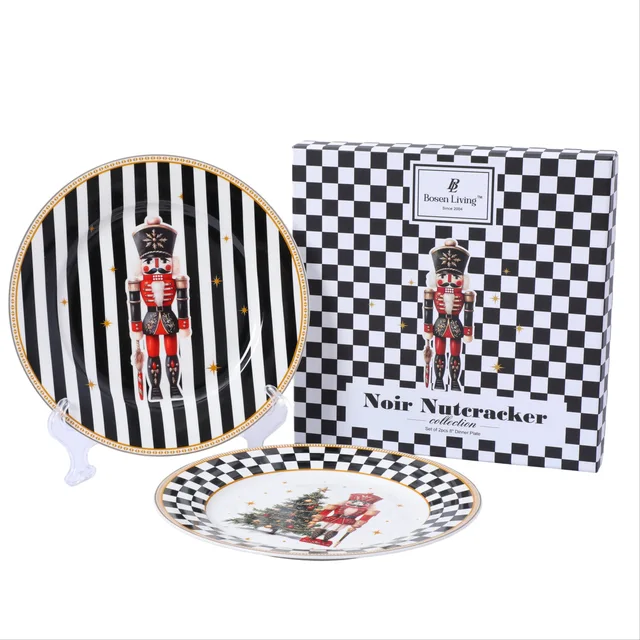 Nutcracker Christmas Ceramic Dinnerware Set, Black‑White Checkered Holiday Plates Bowls Mugs Gift Set