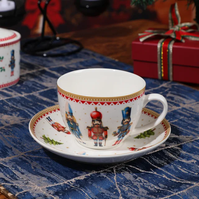 Nutcracker Soldier Christmas Ceramic Large Mug and Saucer Set, Festive Xmas Cup with Matching Saucer