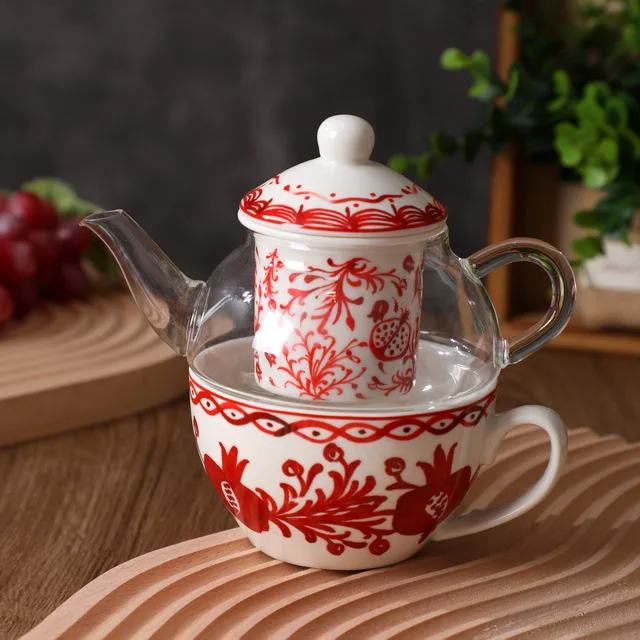 Bohemian Red Floral Pomegranate Teapot with Cup Set, Retro Glass Outer Teapot & Ceramic Infuser Tea Set