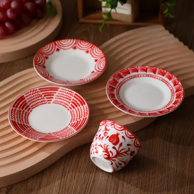 Bohemian Red Pomegranate Botanical Porcelain Tiny Cup and Assorted Small Plate Set, Retro Decorative Condiment Dishes