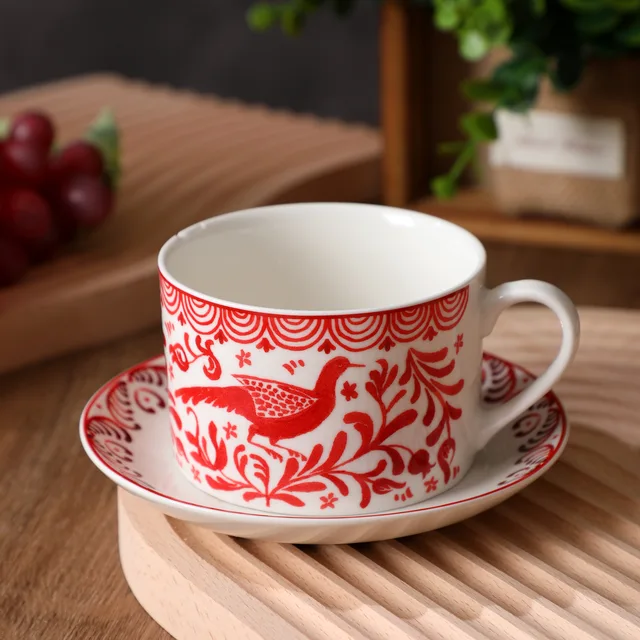 Bohemian Red Bird Pattern Porcelain Cup and Saucer, Retro Red & White Decorative Tea Cup Set
