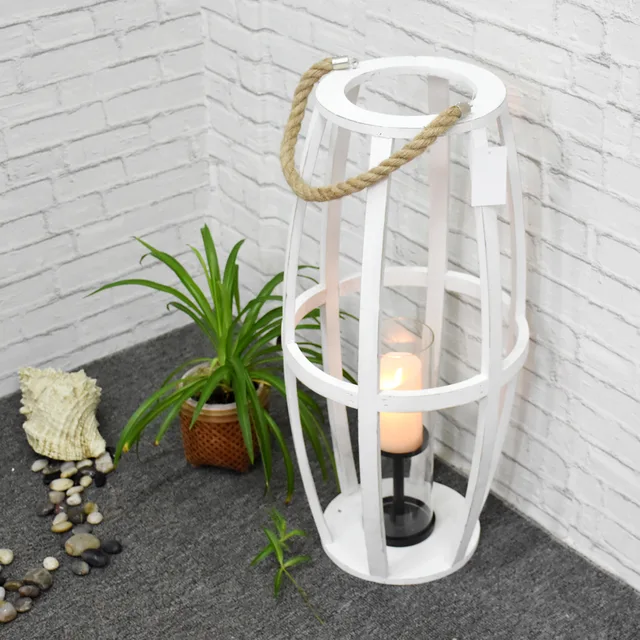 Rustic White Large Wooden Battery Operated LED Flameless Candle Lantern with glass cup