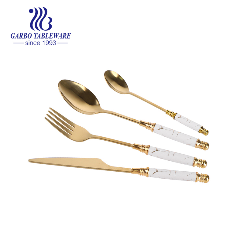Wholesale unique PVD golden ceramic handle 24pcs cutlery set with stand