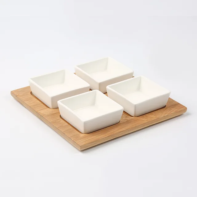 Ceramic condiment bowls with bamboo base