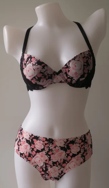 Mould cup bra with printing microfiber & lace/ brief with printing microfiber & lace