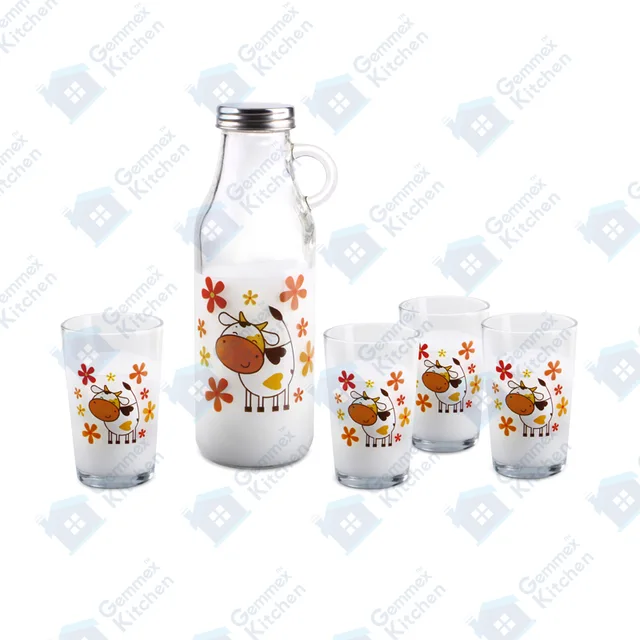 Glass milk bottle with 4pc tumblers set