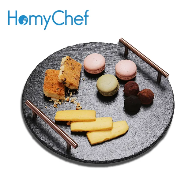Diameter 300mm, thickness 4-7mm Natural black slate round serving tray with stainless steel handle