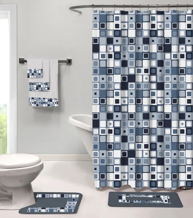Fashion 18PCS Bathroom Set, Polyester shower curtain bath mat rug and microfiber towel,Fancy designs