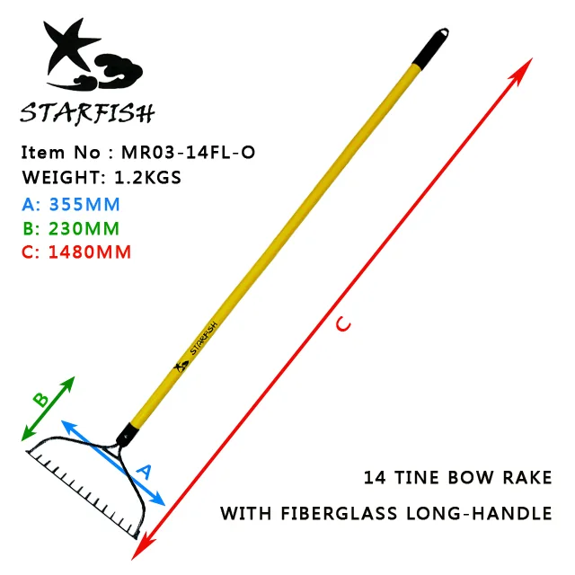 14 tine bow rake with fiberglass long handle