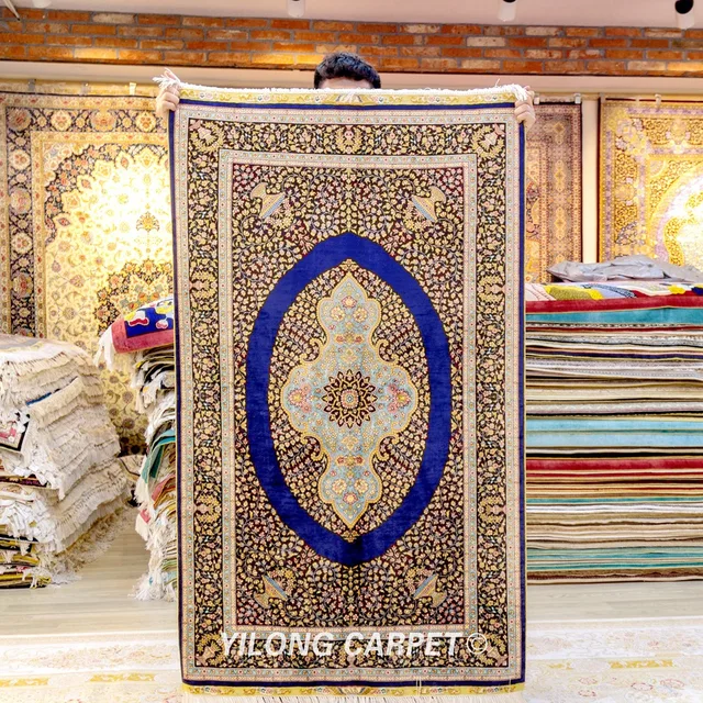 Yilong 3'x5' Hand Knotted Persian Blue Carpet Iran Antique Medallion Silk Rug