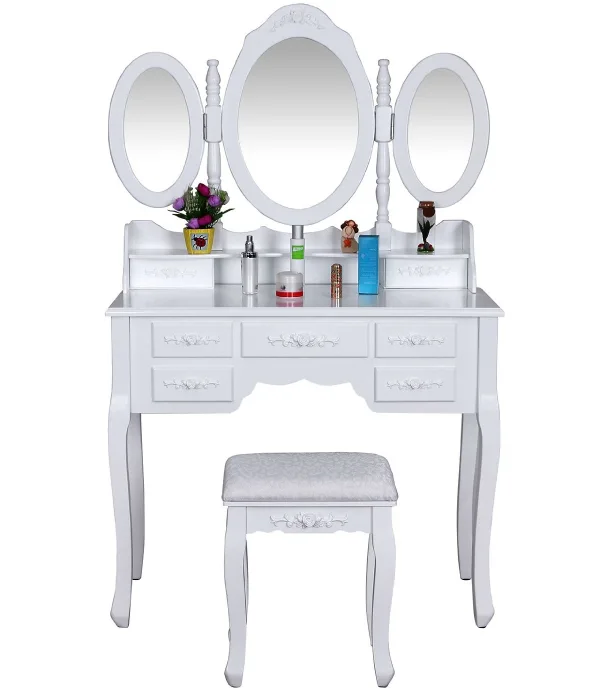 Space saving home furniture simple modern dressing table with mirror and stool