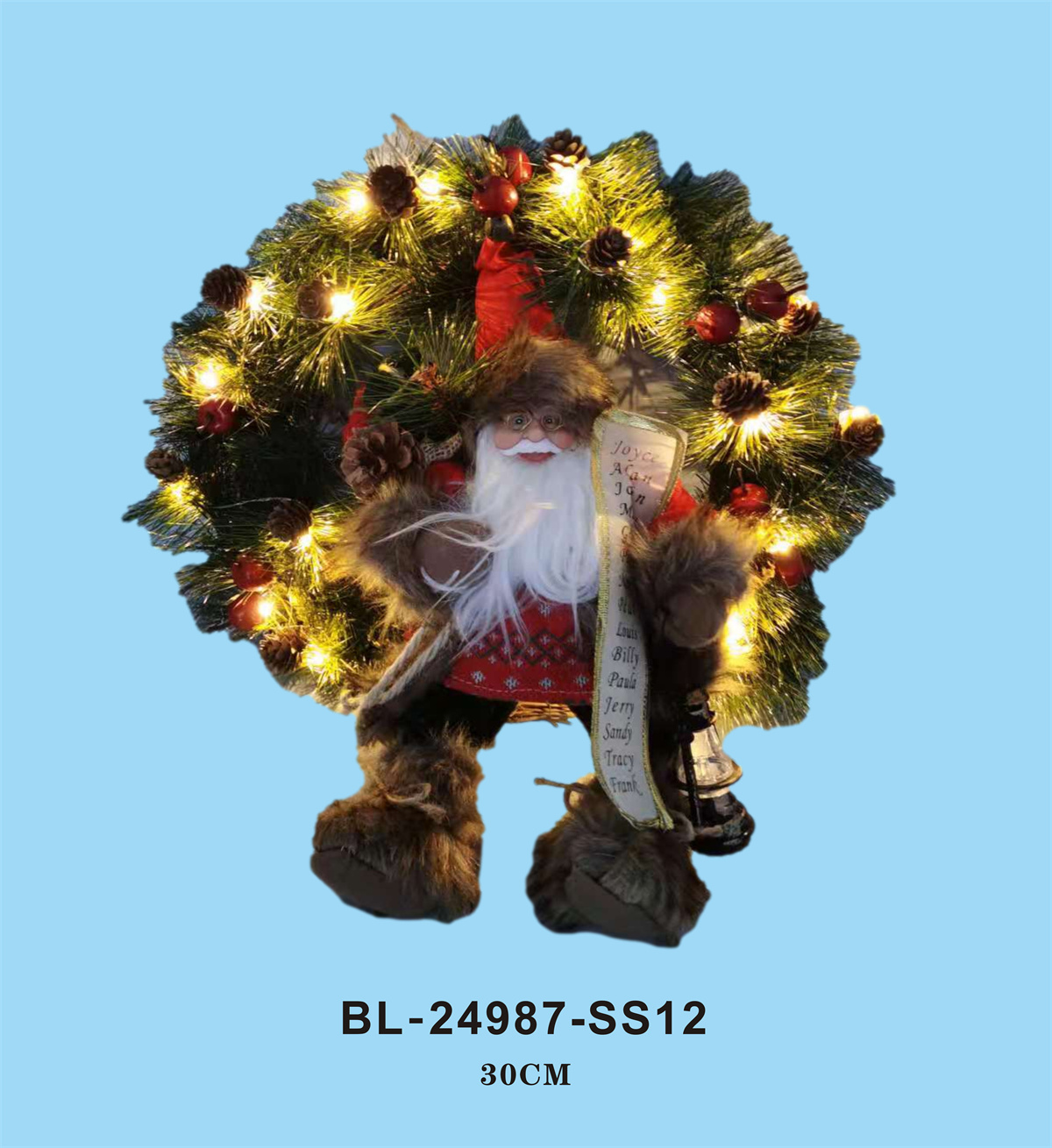 LED wreath with sitting Santa