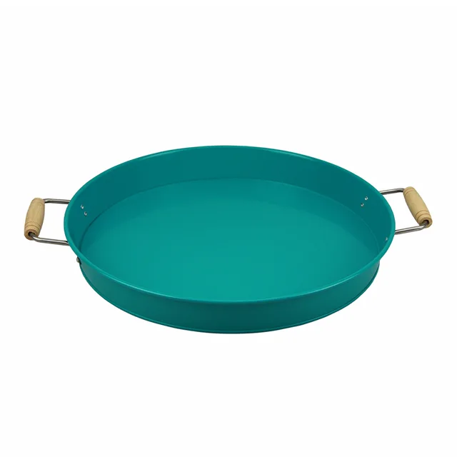 Round metal serving tray with handles