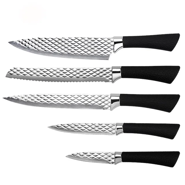 New Kitchen Design Silver Steel Blade with Stylish 3D Diamond Pattern Knife Set
