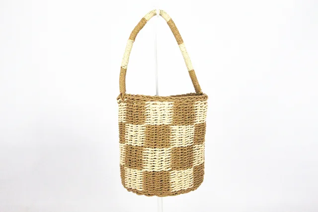 Plaid pattern paper straw bucket handbag