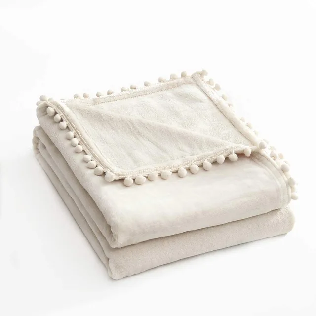Beige Flannel Throw Blanket with Pompom Fringe