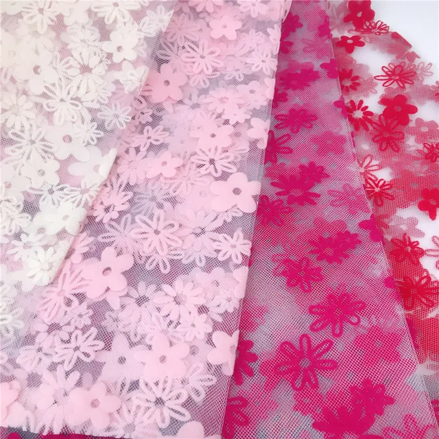 Flocking flowers tulle fabric for girl's dress