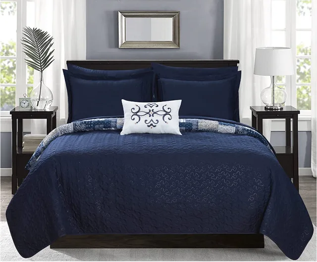 3 Piece Reversible Coverlet Set Embossed Patchwork Bohemian Paisley Print Quilted Design Bedding
