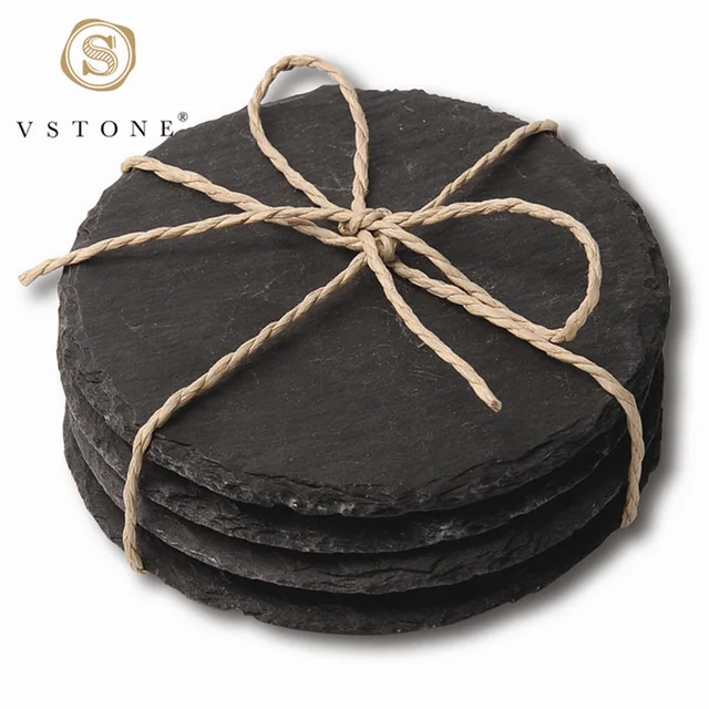 4pk round slate coasters with paper string，marble craft
