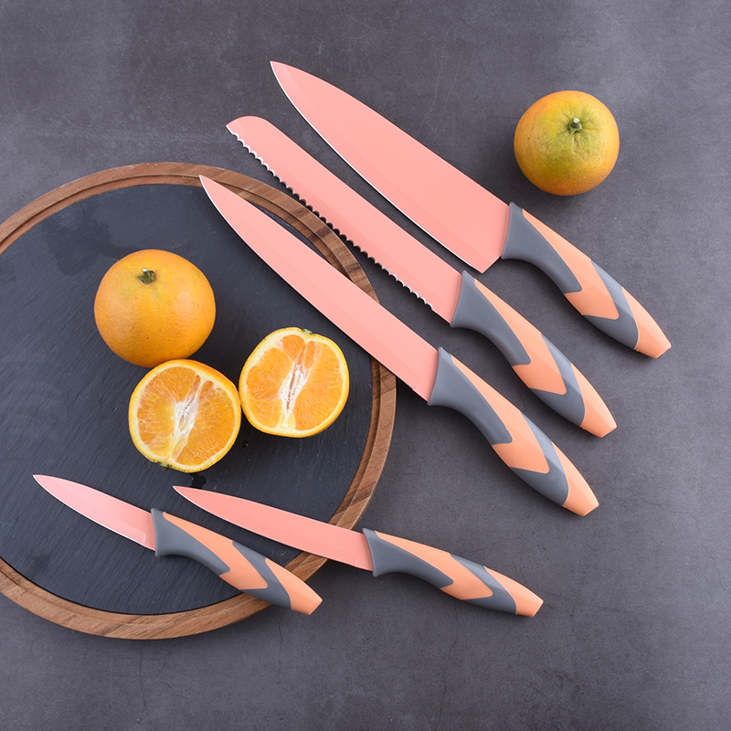 Plastic Handle Non-Stick Color Coating Kitchen Knives Set With Acrylic Stand