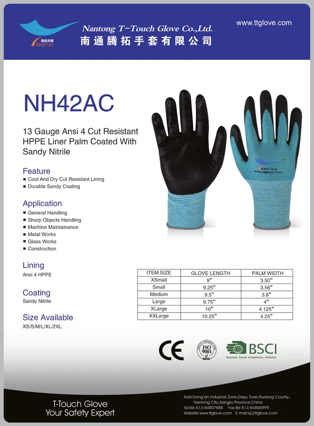 ANSI 4 cut resistant liner palm coated with sandy nitrile