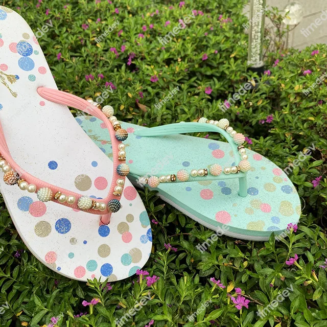 000-Timedev Women's Pearls Shining Glitter Flip Flop