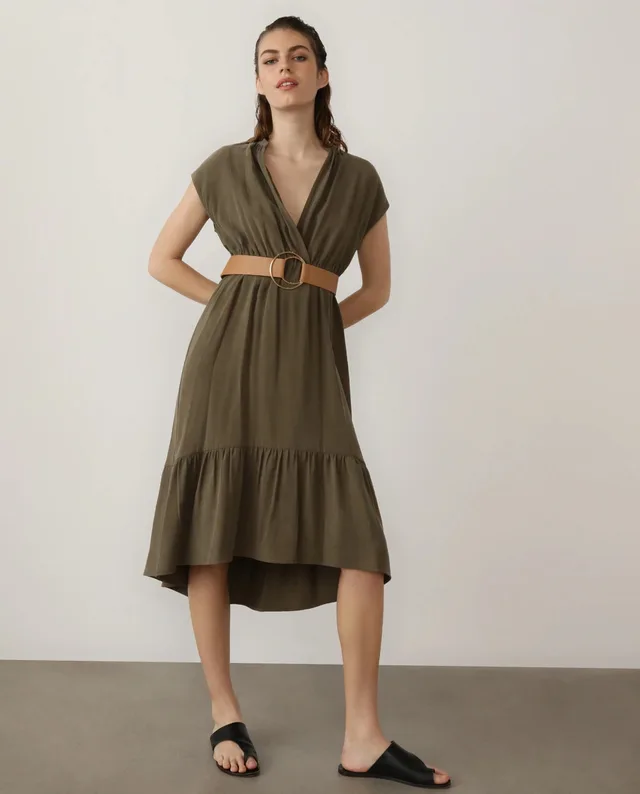 Fast Fashion S SL V neck and PU Belt Dress