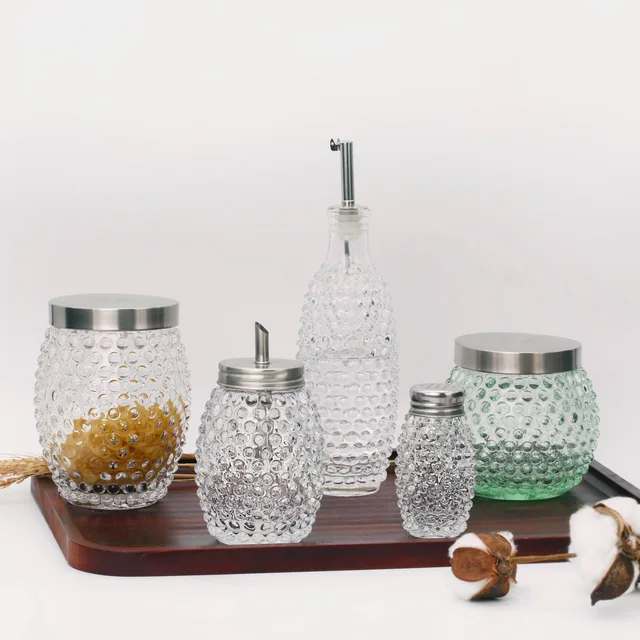 Oil & vinegar dispenser, Hobnail design set of 5,Oil Dispenser Bottle, salt and pepper shaker, sugar pot,food storage,kitchenware
