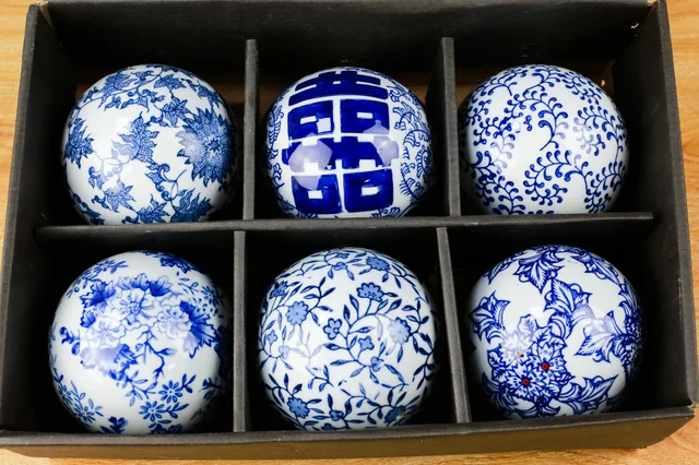 Porcelain 4" Decorative Ball, White/Blue