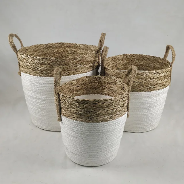 Set of 3 customized seagrass / paper rope round shape storage basket