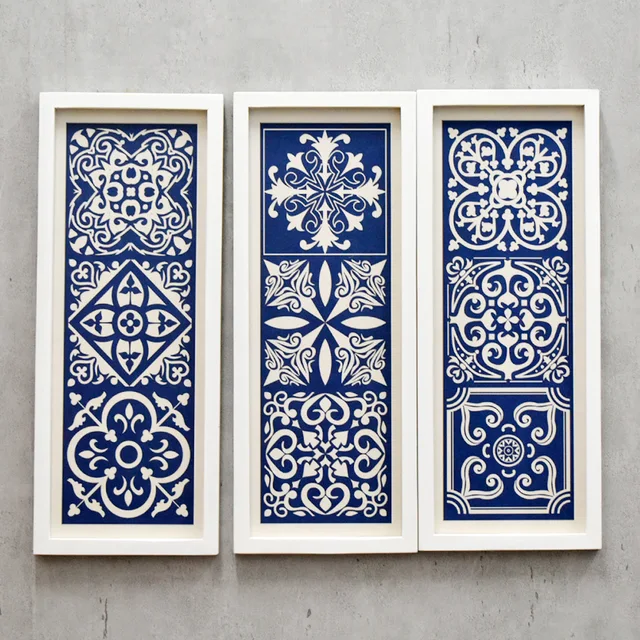 Unique Modern Style White Wood Frame Blue Flower Print Abstract wall Art Esclputre Frame Wall Art Home Accessories