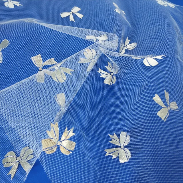 Hot selling 100% polyester Silver And Red Foil Print Mesh Tulle Fabric For Garments Dress