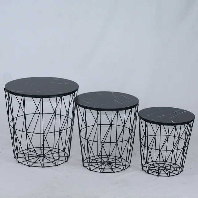 Metal wire set of 3 marble effect MDF side table