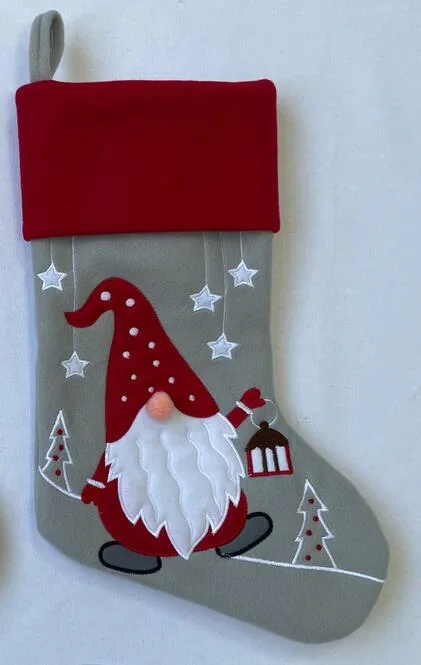 Grey fleece xmas stocking w/emb goblin santa