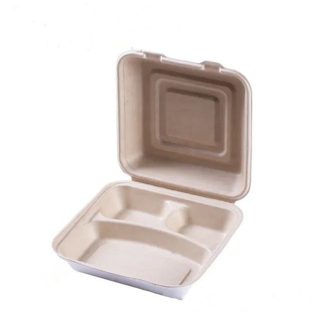 Biodegradable Sugarcane Bagasse 9"x9"inch 3-Compartment Box